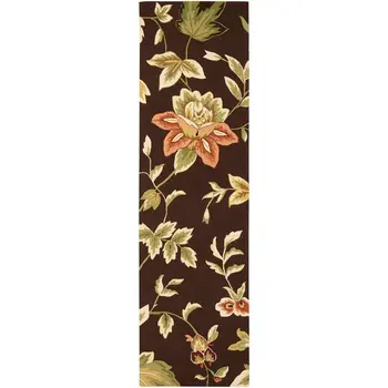 8' Brown and Orange Botanical Leaves Hand Carved Handmade Runner Rug