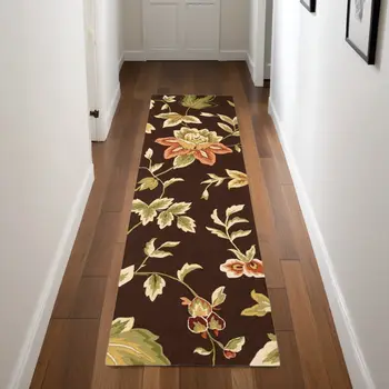 8' Brown and Orange Botanical Leaves Hand Carved Handmade Runner Rug