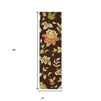 8' Brown and Orange Botanical Leaves Hand Carved Handmade Runner Rug