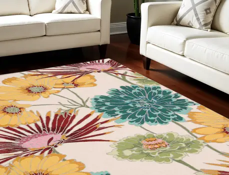5' X 8' Ivory Red and Orange Floral Hand Carved Handmade Area Rug