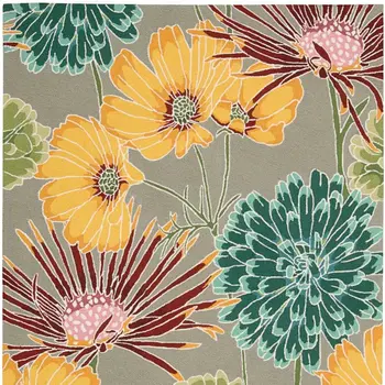 5' X 8' Gray Red and Yellow Floral Hand Carved Handmade Area Rug