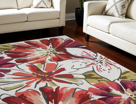 5' X 8' Ivory Green and Red Floral Hand Carved Handmade Area Rug