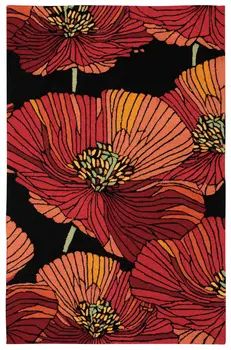 4' X 6' Black and Red Floral Hand Hooked Area Rug