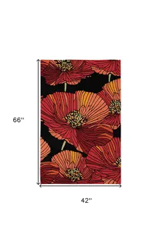 4' X 6' Black and Red Floral Hand Hooked Area Rug