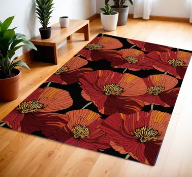 4' X 6' Black and Red Floral Hand Hooked Area Rug