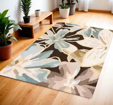 4' X 6' Ivory Dark Brown and Gray Floral Hand Carved Handmade Area Rug