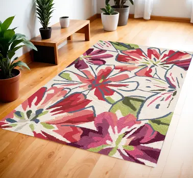 4' X 6' Ivory Green and Red Floral Hand Carved Handmade Area Rug