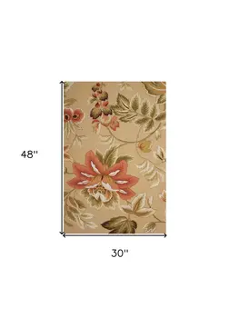 3' X 4' Beige and Red Botanical Leaves Hand Carved Handmade Area Rug