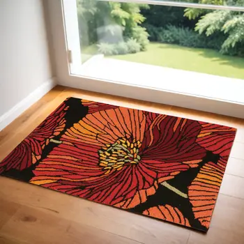 3' X 4' Black and Red Floral Hand Hooked Area Rug