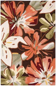 3' X 4' Tan and Dark Brown Floral Hand Carved Handmade Area Rug