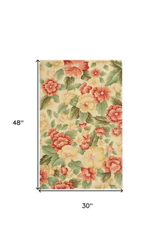 3' X 4' Red and Cream Botanical Leaves Hand Carved Handmade Area Rug