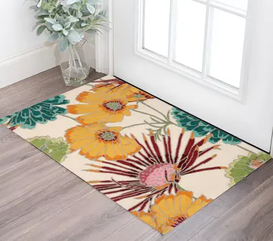3' X 4' Ivory Red and Orange Floral Hand Carved Handmade Area Rug