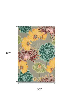 3' X 4' Gray Red and Yellow Floral Hand Carved Handmade Area Rug