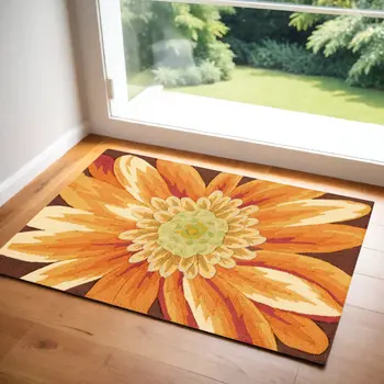 3' X 4' Brown Orange and Yellow Floral Hand Carved Handmade Area Rug