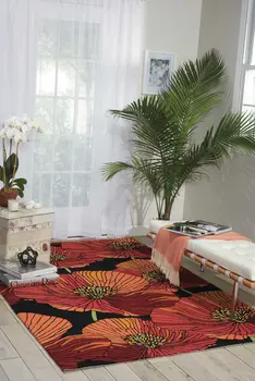 2' X 3' Black and Orange Floral Hand Hooked Area Rug