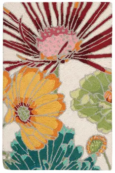 2' X 3' Ivory Red and Yellow Floral Hand Carved Handmade Area Rug