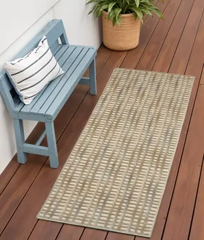 7' Beige And Blue Abstract Indoor Outdoor Runner Rug