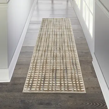 7' Beige And Blue Abstract Indoor Outdoor Runner Rug