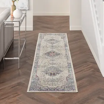8' Ivory Blue And Orange Floral Distressed Runner Rug