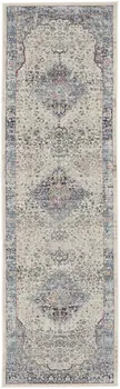 8' Ivory Blue And Orange Floral Distressed Runner Rug