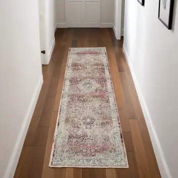 8' Ivory Red And Brown Floral Distressed Runner Rug