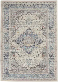 5' X 8' Ivory Blue And Orange Floral Distressed Area Rug