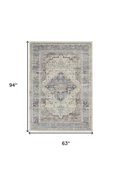 5' X 8' Ivory Blue And Orange Floral Distressed Area Rug