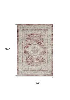 5' X 8' Ivory Red And Brown Floral Distressed Area Rug