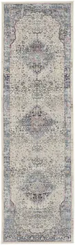 6' Ivory Blue And Orange Floral Distressed Runner Rug