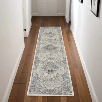6' Ivory Blue And Orange Floral Distressed Runner Rug