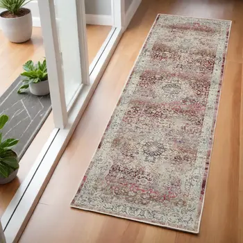 6' Ivory Red And Brown Floral Distressed Runner Rug