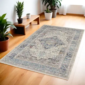 4' X 6' Ivory Blue And Orange Floral Distressed Area Rug