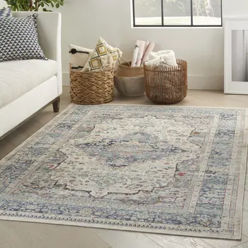 4' X 6' Ivory Blue And Orange Floral Distressed Area Rug