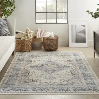 4' X 6' Ivory Blue And Orange Floral Distressed Area Rug