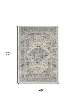 4' X 6' Ivory Blue And Orange Floral Distressed Area Rug