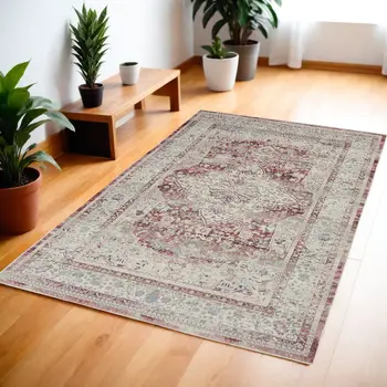 4' X 6' Ivory Red And Brown Floral Distressed Area Rug