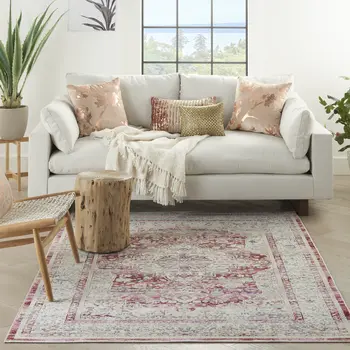 4' X 6' Ivory Red And Brown Floral Distressed Area Rug