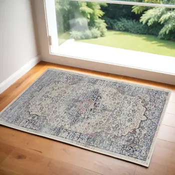 2' X 4' Ivory Blue And Orange Floral Distressed Area Rug