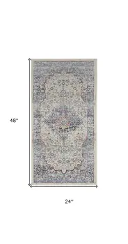 2' X 4' Ivory Blue And Orange Floral Distressed Area Rug