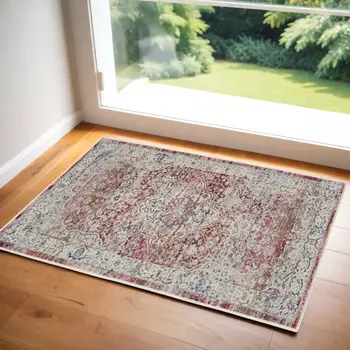 2' X 4' Ivory Red And Brown Floral Distressed Area Rug