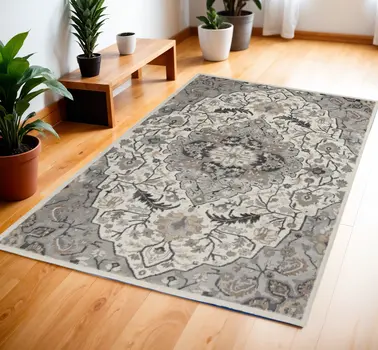 4' X 6' Ivory and Gray Floral Non Skid Area Rug