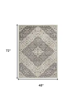 4' X 6' Ivory and Gray Floral Non Skid Area Rug