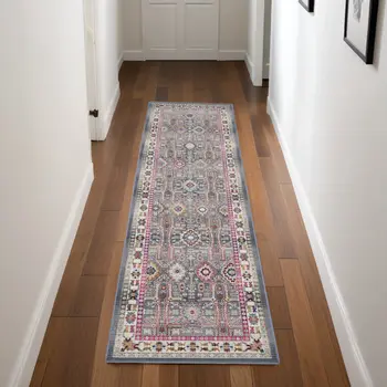 8' Ivory Pink And Gray Floral Distressed Runner Rug