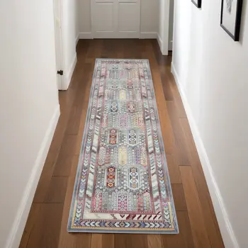 8' Ivory Gray And Red Floral Distressed Runner Rug
