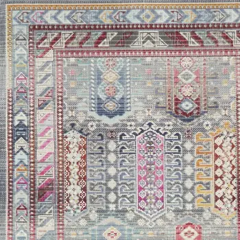 8' Ivory Gray And Red Floral Distressed Runner Rug