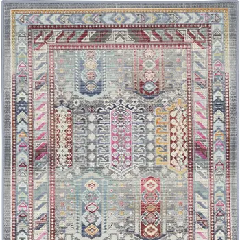 8' Ivory Gray And Red Floral Distressed Runner Rug