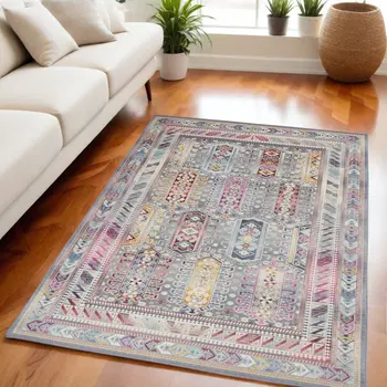 5' X 8' Ivory Gray And Red Floral Distressed Area Rug
