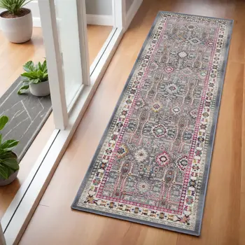 6' Ivory Pink And Gray Floral Distressed Runner Rug
