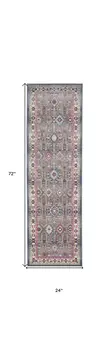 6' Ivory Pink And Gray Floral Distressed Runner Rug