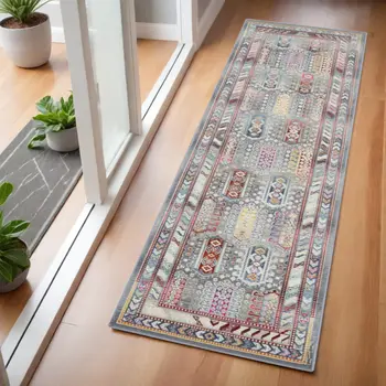 6' Ivory Gray And Red Floral Distressed Runner Rug